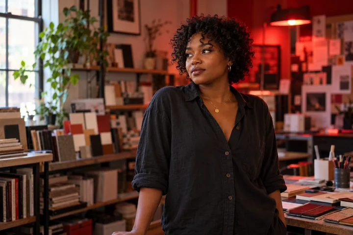 Portrait d’une créatrice dans un atelier à la lumière chaude