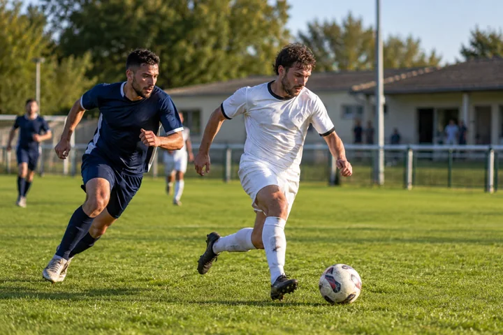 Deux joueurs de football en mouvement sur un terrain
